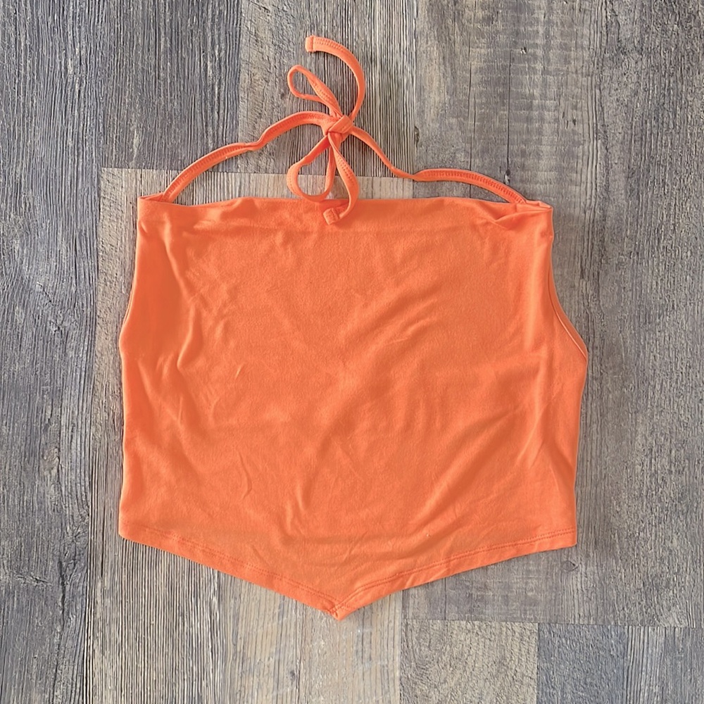 orange hollister halter top, open back with cowl neck
